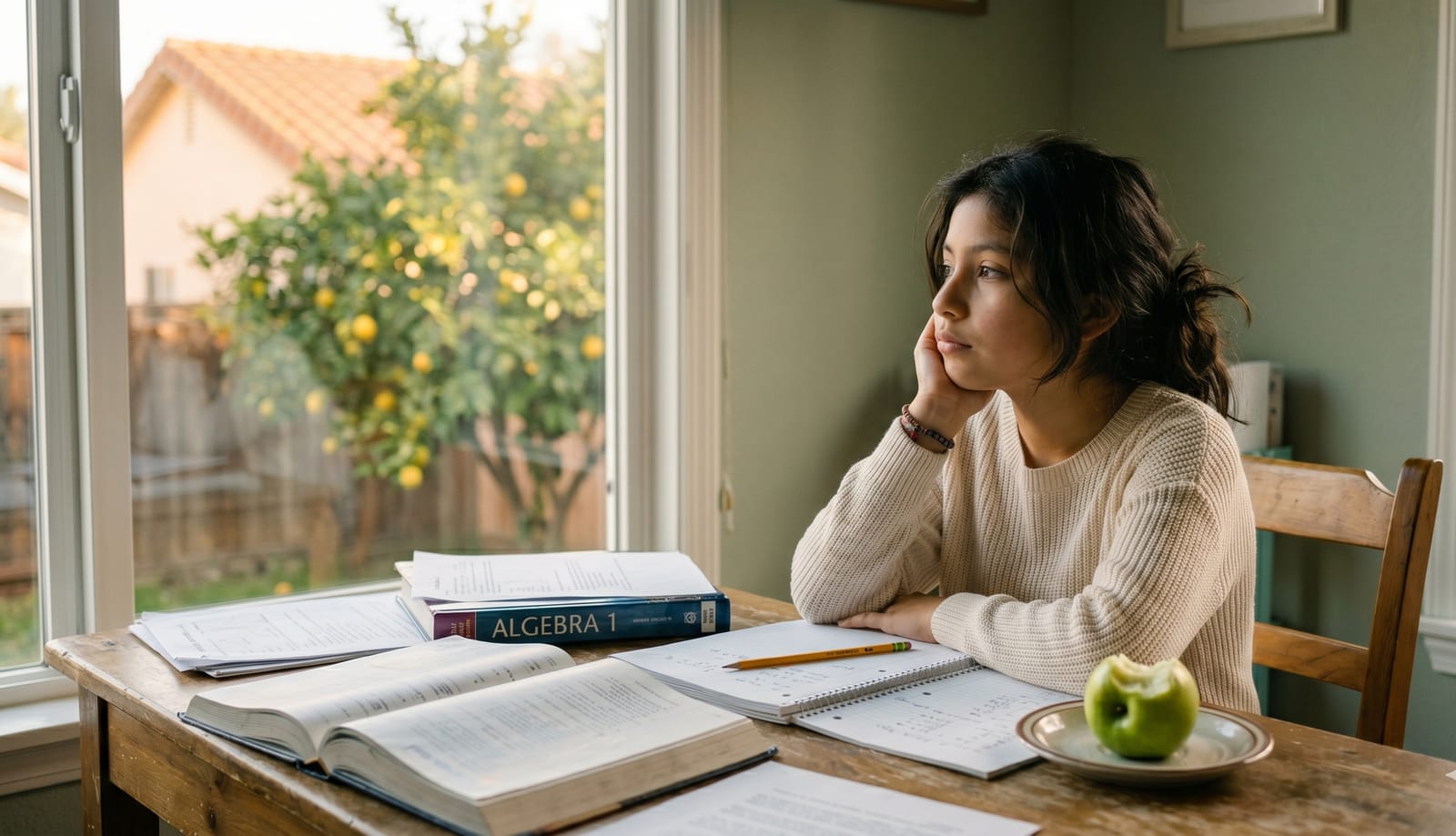 Distracted school-age girl resting her chin on her hand at a homework-covered desk, a sign of the inattentive ADHD often missed in girls