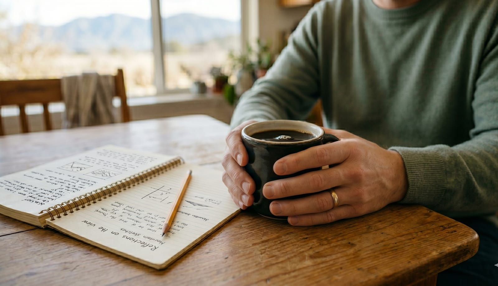 Adult cradling a coffee mug beside an open notebook at a sunny window, reflecting before an adult autism evaluation