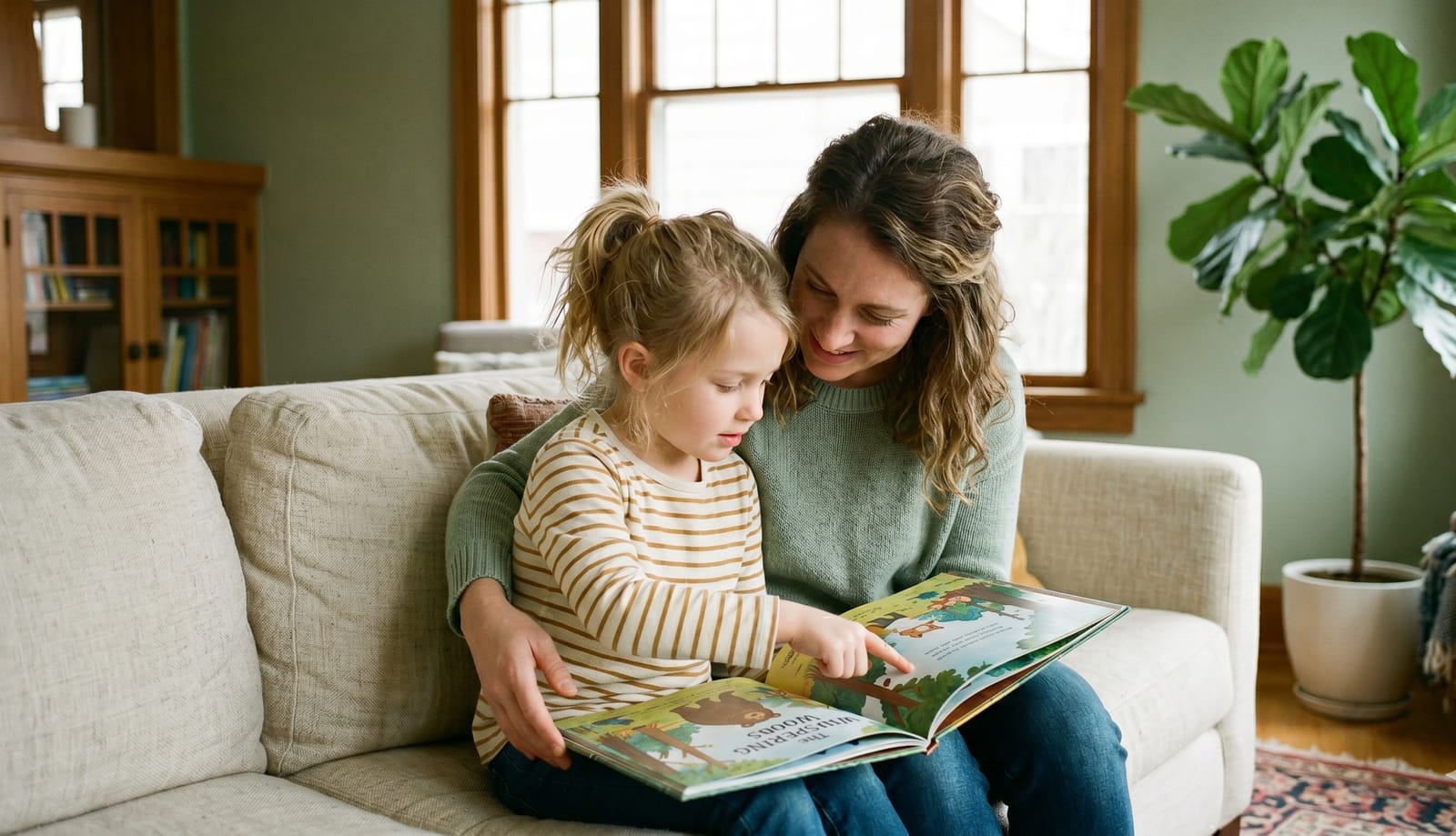Parent and young child reading a picture book together on a couch during a comprehensive autism assessment