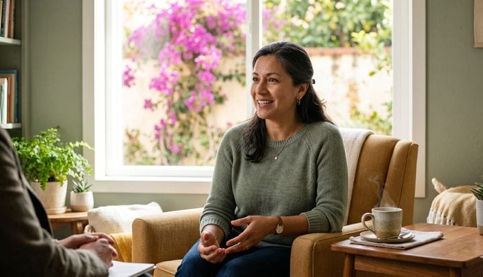 Parent in a calm, welcoming consultation about their child's autism or ADHD assessment