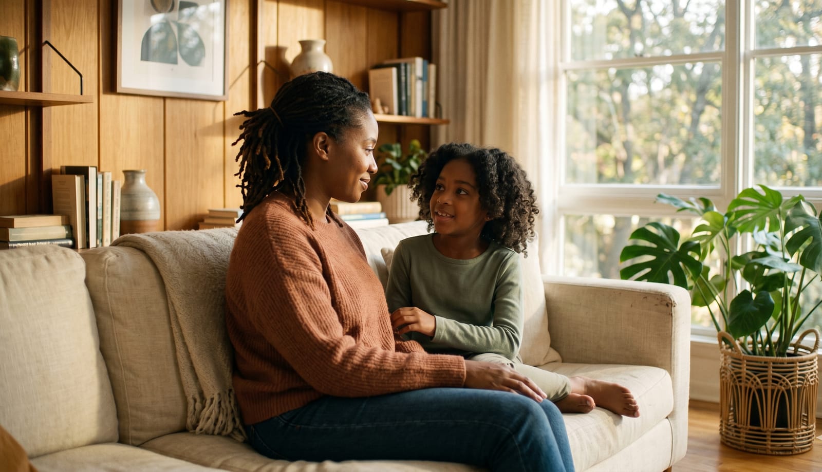 Parent and child sitting close on a couch in a gentle conversation about an autism diagnosis