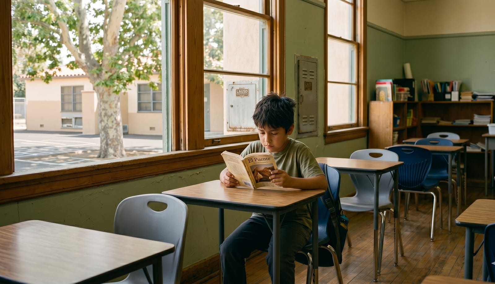Twice-exceptional boy reading alone at a classroom desk surrounded by empty seats