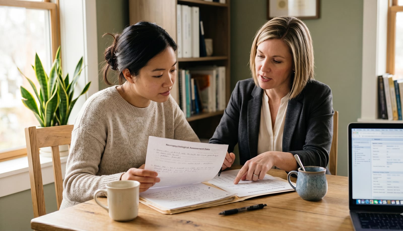 Two psychologists reviewing a child's testing notes together, the two-pairs-of-eyes assessment approach