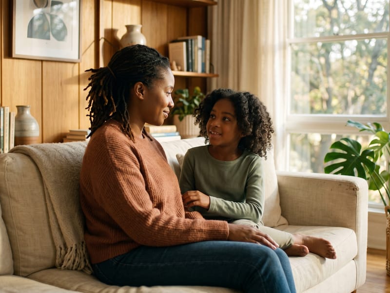 Parent and child sitting close on a couch in a gentle conversation about an autism diagnosis