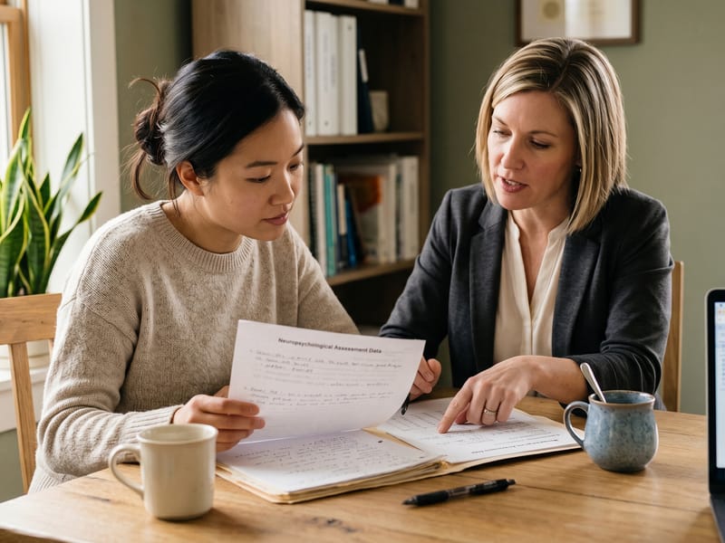 Two psychologists reviewing a child's testing notes together, the two-pairs-of-eyes assessment approach