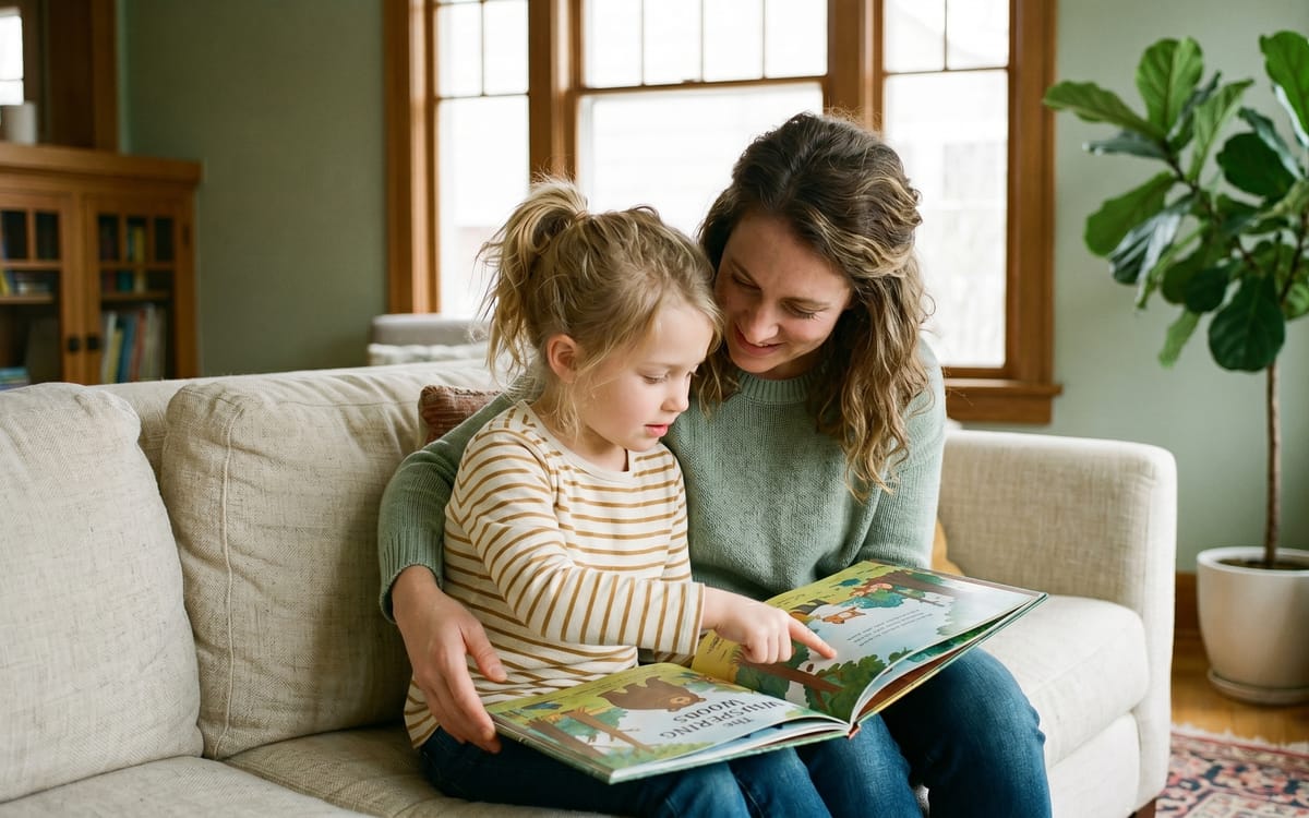 Parent and young child reading a picture book together on a couch during a comprehensive autism assessment