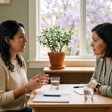 Mother and clinician talking across a table during an ADI-R parent interview for an autism evaluation