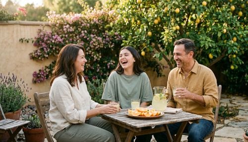 Family laughing easily together in a sunny backyard, relaxed and connected