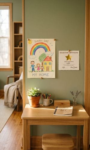 Child's colorful artwork and a gold-star certificate displayed above a tidy desk at home